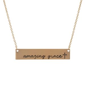 Amazing Grace Bar Pendant Necklace - Gold Tone, Cross Detail, 18 Inches, Lead and Nickel Free