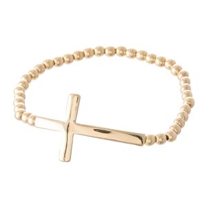 Lightweight Gold Beaded Cross Stretch Bracelet - Polished Finish, Lead and Nickel Free