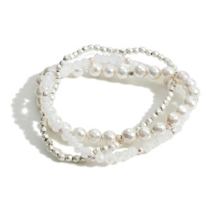 Beaded Stretch Bracelet Set Silver