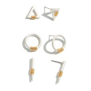 Two-Tone Geometric Stud Earring Set - Triangle, Circle, & Bar Shapes - Gold & Silver