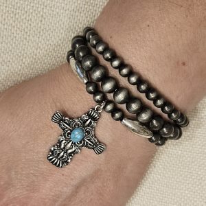 Turquoise Western Cross Bracelet Set - 3-Piece Engraved Silver