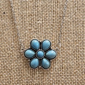 Western Style Turquoise Flower Necklace - 19 Inch Chain, Hypoallergenic