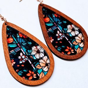Teardrop Faux Stained Glass Dangle Earrings – Floral Cross Design, Wood Frame