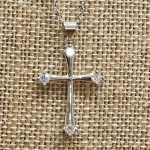 Silver Cross Necklace with Cubic Zirconia – Stainless Steel, 18 Inch Chain