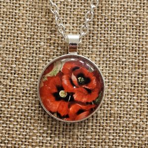 Red Poppy Floral Necklace - Polished Silver Chain