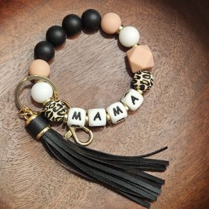 Neutral Silicone Mama Wristlet Keychain – Beaded Bracelet with Black Leather Tassel & Animal Print Accent