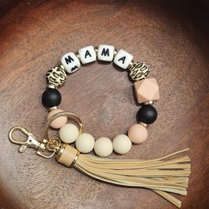 Mama Wristlet Keychain – Silicone Beads, Leather Tassel, Neutral Colors, Animal Print Accent, Elastic Bracelet for Moms