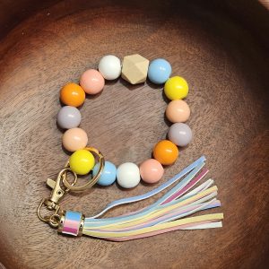 Color Pop Wood Bead Wristlet Keychain - Pastel Leather Tassel