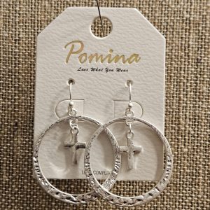 Pomina Silver Textured Hoop Cross Earrings – Dangle, Lightweight, Hypoallergenic, 1.75 Inch