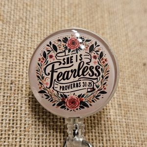 She Is Fearless Badge Reel – Floral Retractable ID Holder with Swivel Alligator Clip