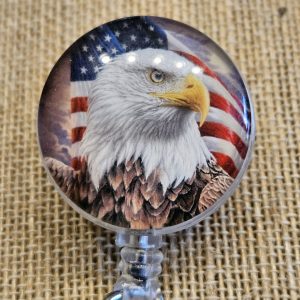 Bald Eagle American Flag Badge Reel – Retractable Patriotic ID Holder with Swivel Alligator Clip