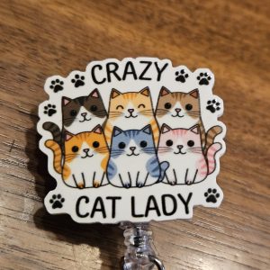 Crazy Cat Lady Badge Reel – Cute Retractable Nurse ID Holder, Acrylic Swivel Badge Clip for Nurses, Vet Techs, Cat Lovers