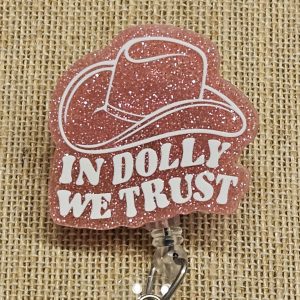 Dolly Badge Reel – Pink Glitter Cowgirl Retractable ID Badge Holder with Swivel Alligator Clip for Nurses or Teachers