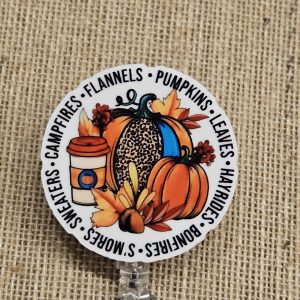 Fall Badge Reel – Pumpkins and Autumn Leaves Retractable ID Badge Holder with Swivel Alligator Clip for Nurses or Teachers