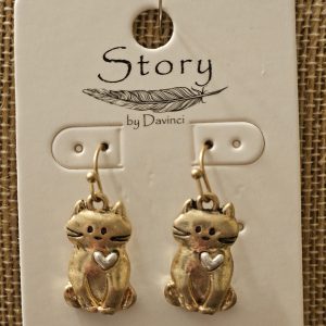 Cat Dangle Earrings – Worn Gold Tone Cats with Silver Hearts, Hypoallergenic