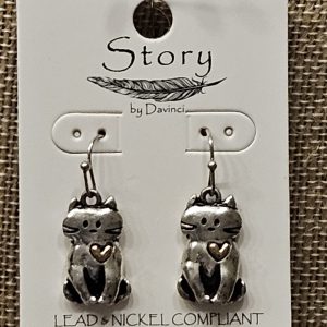 Cat Dangle Earrings – Worn Silver Tone Cats with Gold Hearts, Hypoallergenic