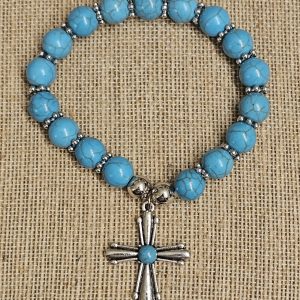 Turquoise Howlite Western Cross Stretch Bracelet – Blue Stone Beaded Cowgirl Faith Bracelet with Silver-Tone Cross