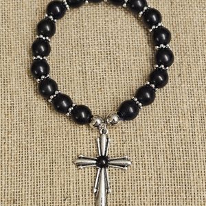 Black Howlite Western Cross Stretch Bracelet – Natural Stone Beaded Faith Bracelet with Silver-Tone Cross
