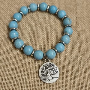 Howlite Turquoise Tree of Life Stretch Bracelet – Western Beaded Silver-Tone Charm Bracelet for Women