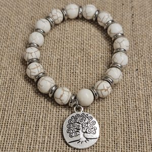 White Howlite Tree of Life Stretch Bracelet – Natural Stone Beaded Bracelet with Silver-Tone Charm