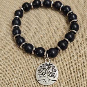 Black Tree of Life Stretch Bracelet – Silver-Tone Charm Beaded Bracelet for Women