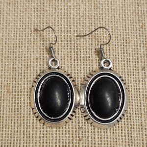 Black Cabochon Western Dangle Earrings – Silver-Tone Oval Southwestern Earrings for Women
