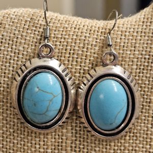 Turquoise Western Dangle Earrings – Silver-Tone Oval Southwestern Stone Earrings for Women