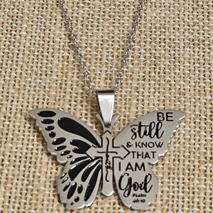 Be Still And Know Butterfly Cross Necklace, Stainless Steel Christian Scripture Pendant