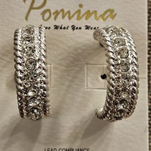 Pomina Silver Rhinestone Hoop Earrings, Twisted Rope Design