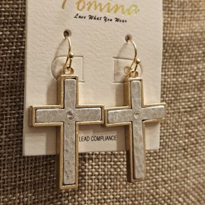 Pomina Two-Tone Cross Dangle Earrings, Rhinestone Accent