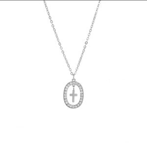 Halo Rhinestone Cross Pendant Necklace - Stainless Steel, 18 Inch Chain