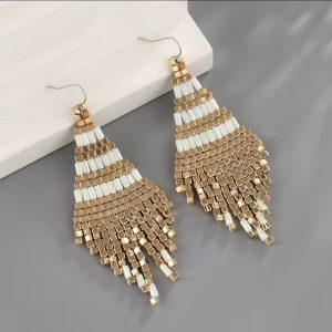 Shimmering Beaded Chandelier Earrings, Gold and White