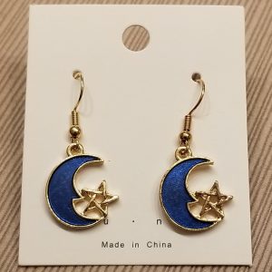 Celestial Blue Enamel Crescent Moon Dangle Earrings - Gold Plated, Lead-Free
