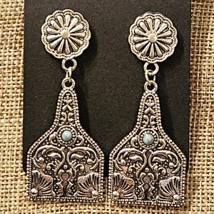 Silver Western Cow Tag Dangle Earrings - 2.25 Inch Scroll Design Studs
