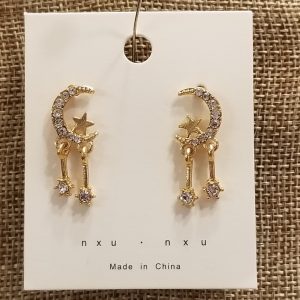 Celestial Dream Gold Crescent Moon & Star Crystal Stud Earrings