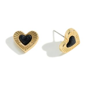 Gold and Black Heart Stud Earrings
