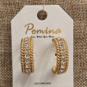 Pomina Gold Rhinestone Hoop Earrings, Textured Statement Hoops with Clear Stones