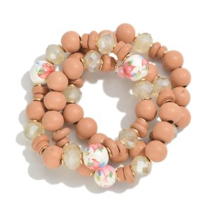 Pink Rose Wood Beaded Bracelet Set